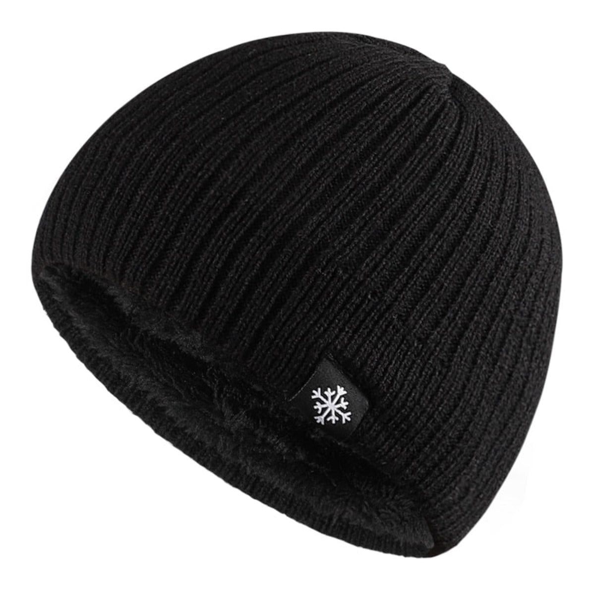 A soft and warm [Knitted Winter Beanie Hat] with a snowflake on it.