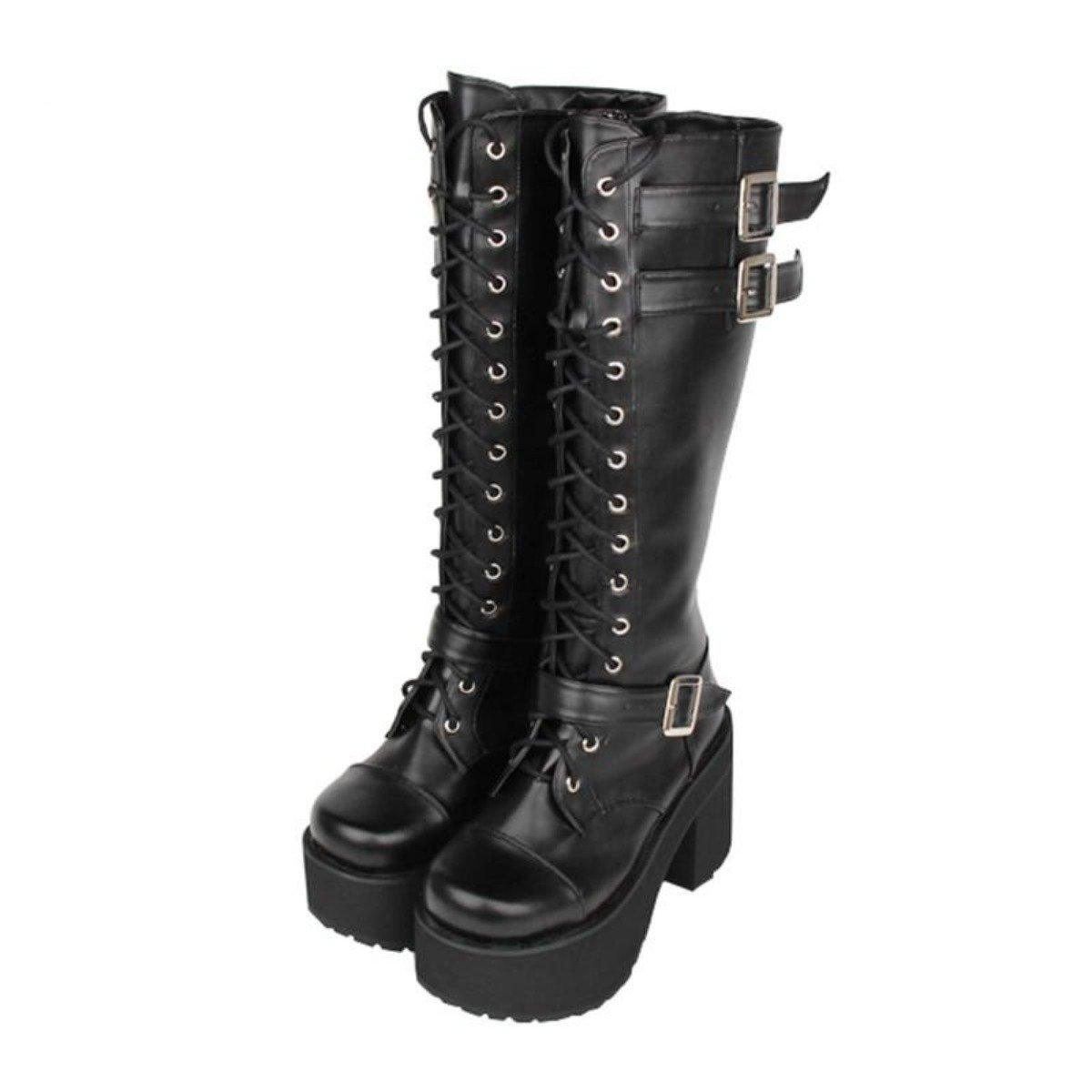 Women's Knee High Buckle Strap Punk Boots - American Legend Rider