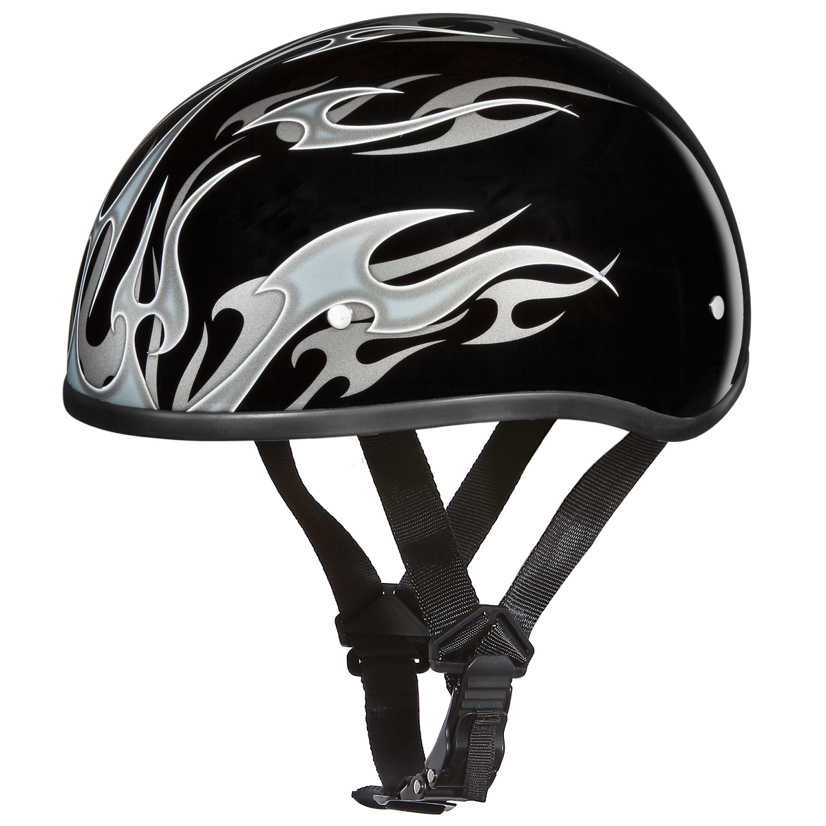 Daytona D.O.T. Motorcycle Skull Cap Half Helmet Black w/ Silver Flames - American Legend Rider