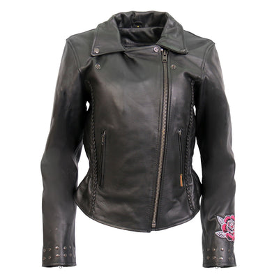 Hot Leathers Women's Braided Motorcycle Leather Jacket With Embroidered Bling Rose Design