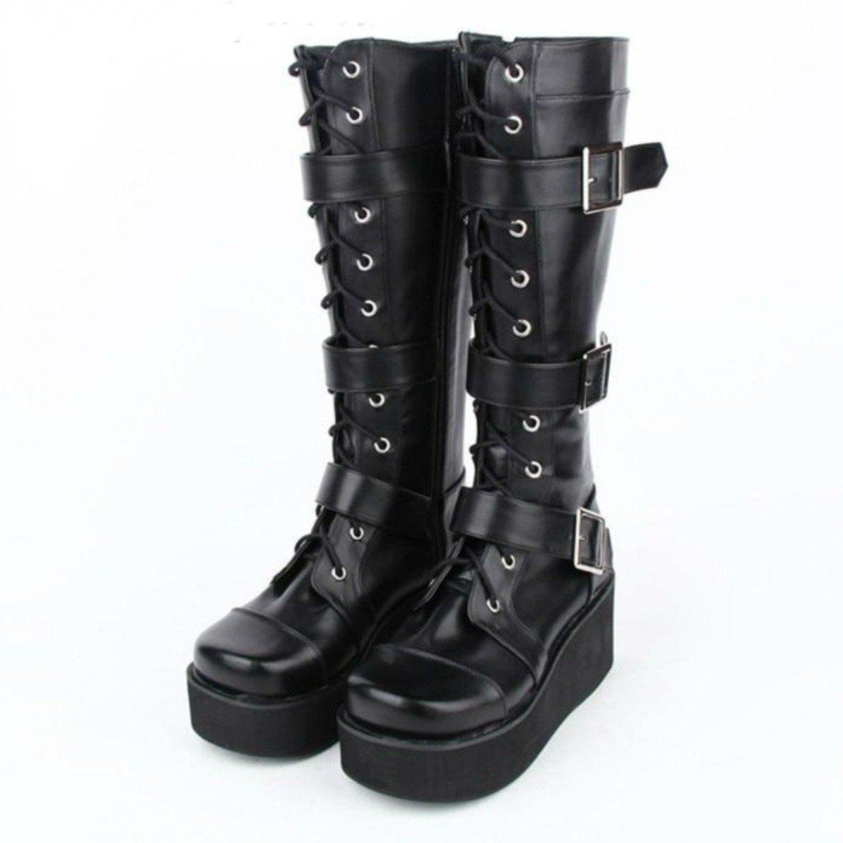 Women's Punk Gothic Buckle Straps Lace-Up Wedge Boots - American Legend Rider