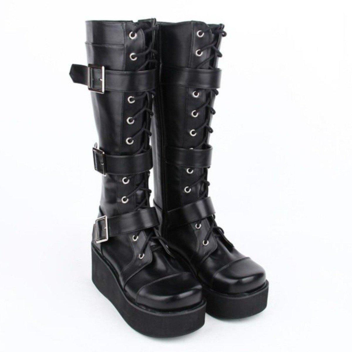 Women's Punk Gothic Buckle Straps Lace-Up Wedge Boots - American Legend Rider