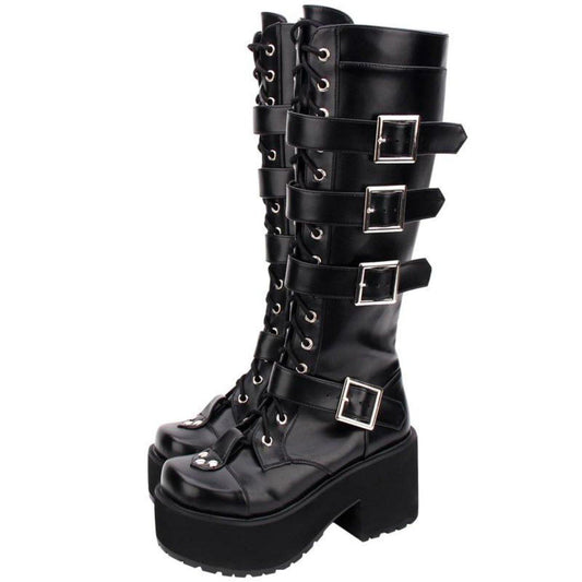 Women's Punk Gothic Buckle Straps Lace-Up High Boots - American Legend Rider