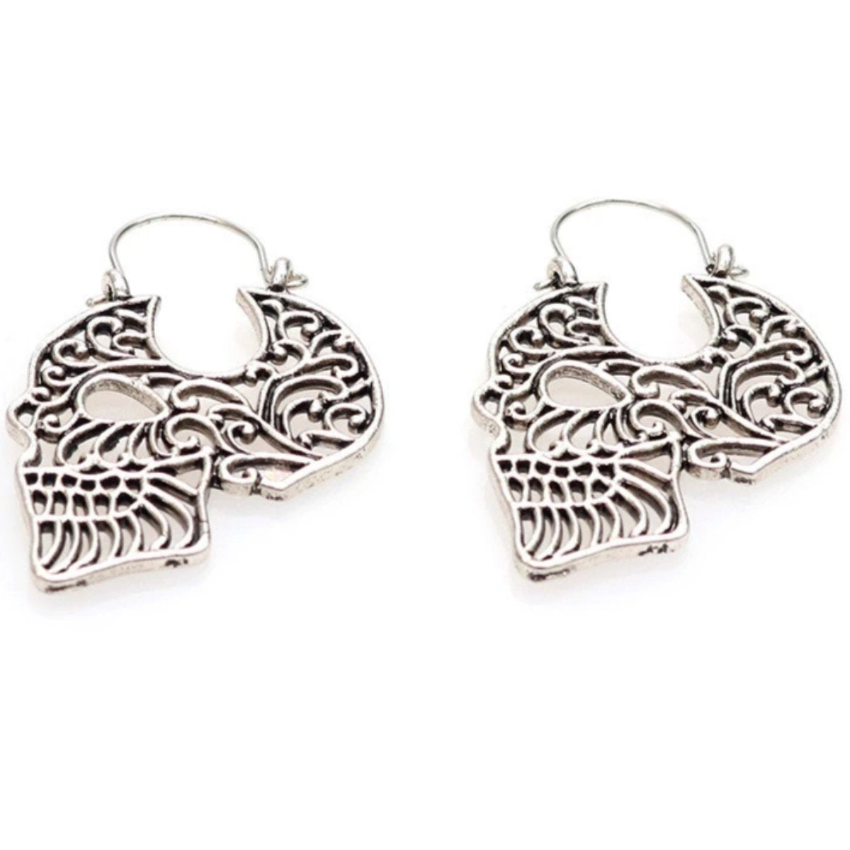 Metal Hollow Sugar Skull Hoop Earrings, 1.1 x 1.7 in, Silver Color