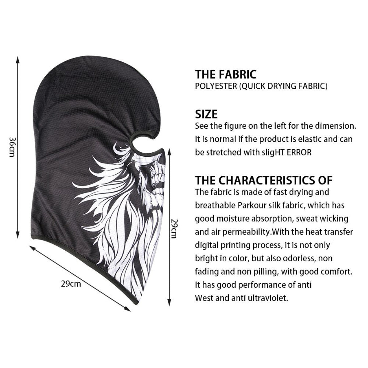 Image of a black Skull Balaclava Full Face Mask with a white skull design, alongside text detailing its size (56cm height, 29cm width), fabric (polyester), and characteristics such as fast drying and UV resistance. Perfect for skiing, snowboarding, or motorcycle rides.