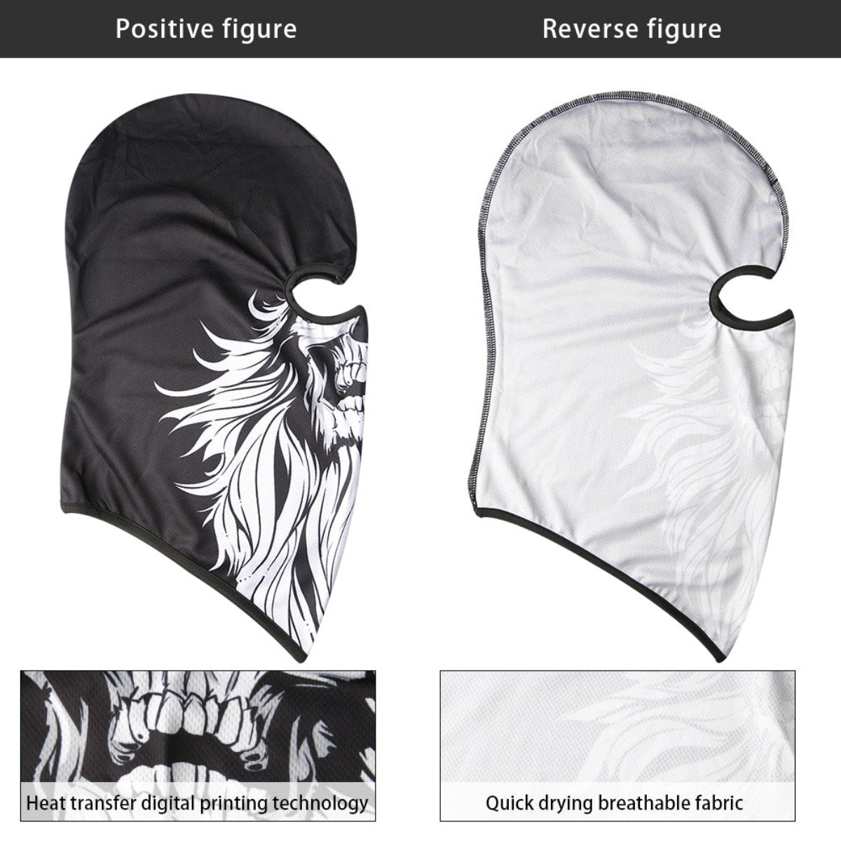A Skull Balaclava Full Face Mask with a white skull design shown from the front and back. The front image highlights the detailed skull print, while the back image emphasizes the quick-drying breathable fabric, perfect for skiing, snowboarding, or motorcycle adventures.