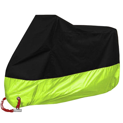 A black and yellow Waterproof Protective Motorcycle Cover protecting against weather damage on a white background.
