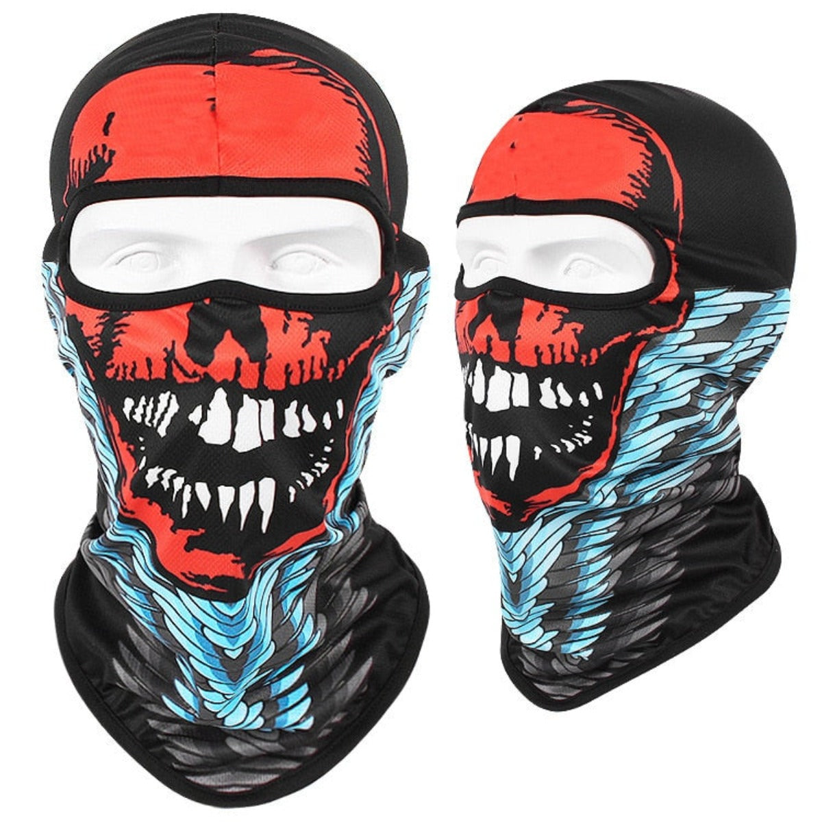 A Skull Balaclava Full Face Mask featuring a red and black skull design with white teeth and blue accents, ideal for skiing, snowboarding, or motorcycle rides. Shown from front and side views.