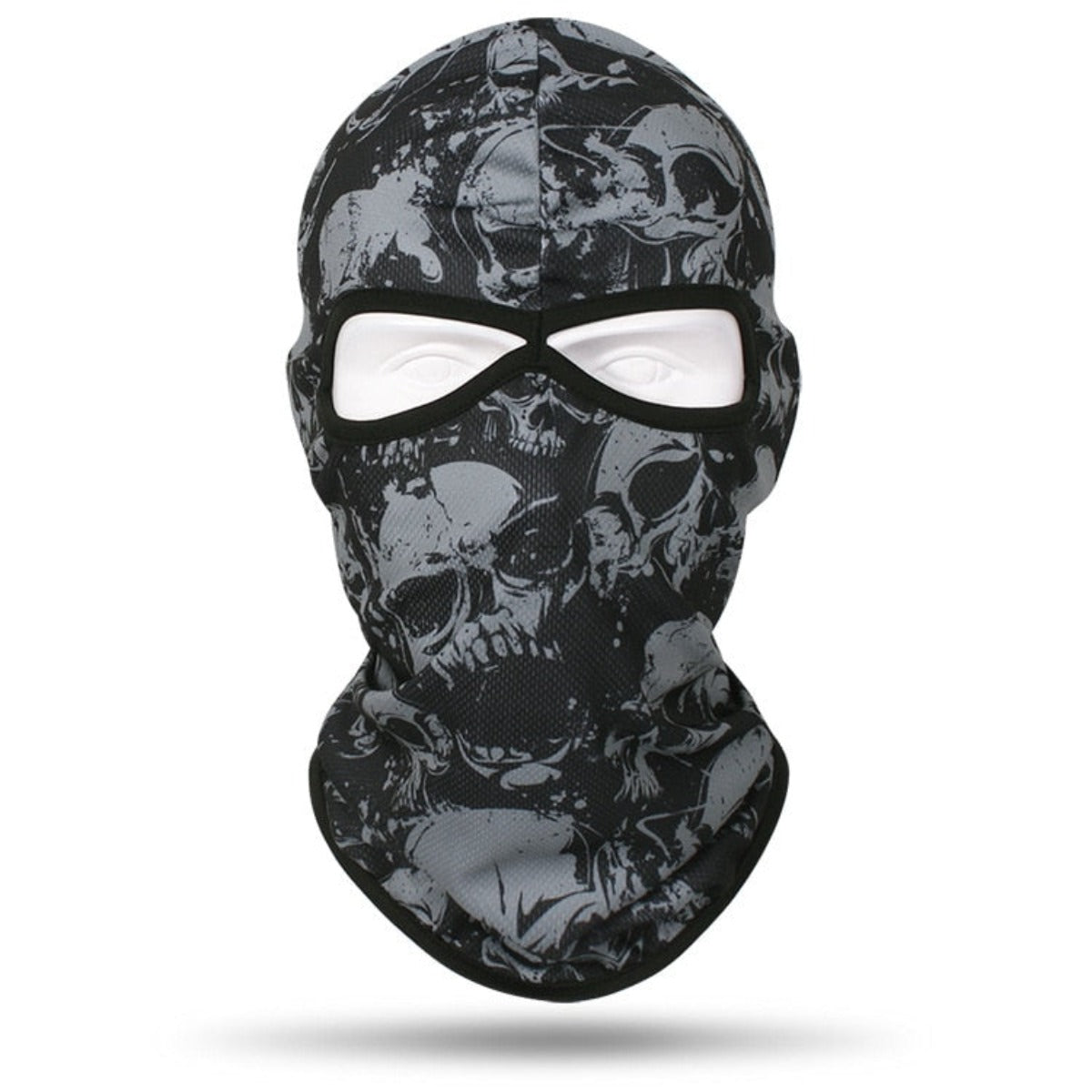 A Skull Balaclava Full Face Mask features a striking pattern, covering the entire head and neck with openings for the eyes. Perfect as a full face mask for skiing, snowboarding, or motorcycle adventures.