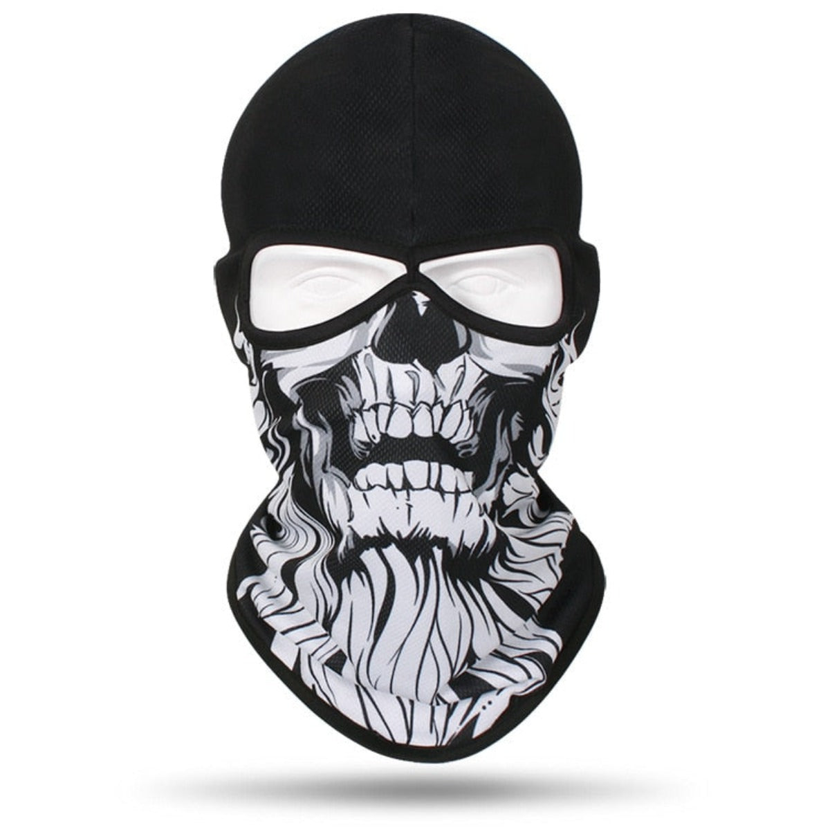 A Skull Balaclava Full Face Mask featuring a striking white skull design, perfect for skiing, snowboarding, or motorcycle rides.