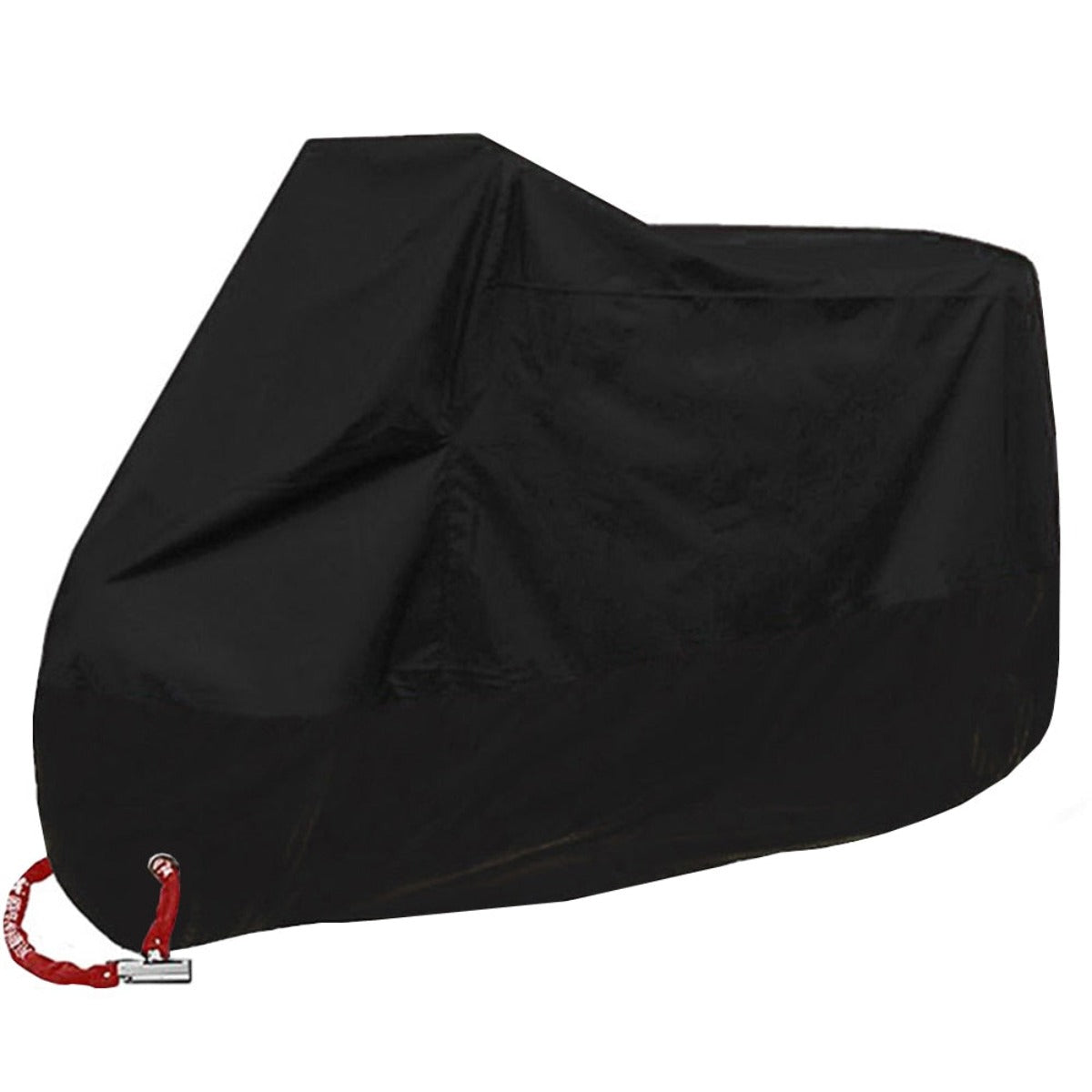 A black Waterproof Protective Motorcycle Cover protecting against weather damage on a white background.