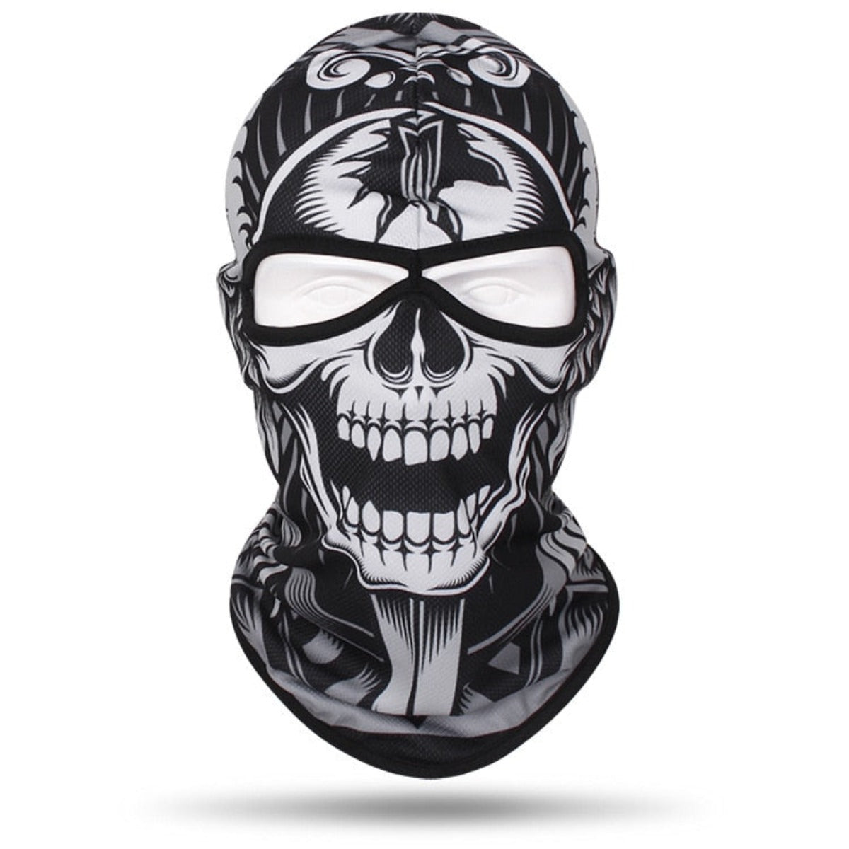 A black and white Skull Balaclava Full Face Mask featuring a printed skull design covering the entire face, including white eye openings and intricate detailing on the fabric—perfect for skiing, snowboarding, or motorcycle rides.