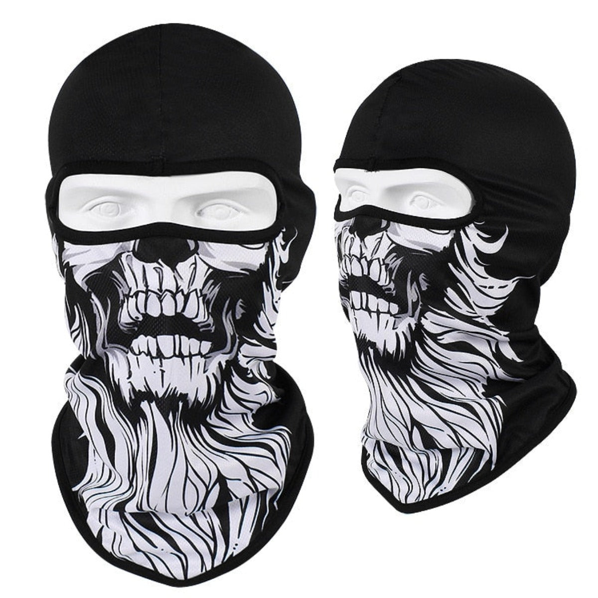 Two black Skull Balaclava Full Face Masks with a printed design resembling a skull face, featuring exaggerated teeth and flames, displayed on white mannequin heads. Perfect for skiing, snowboarding, or motorcycle rides.