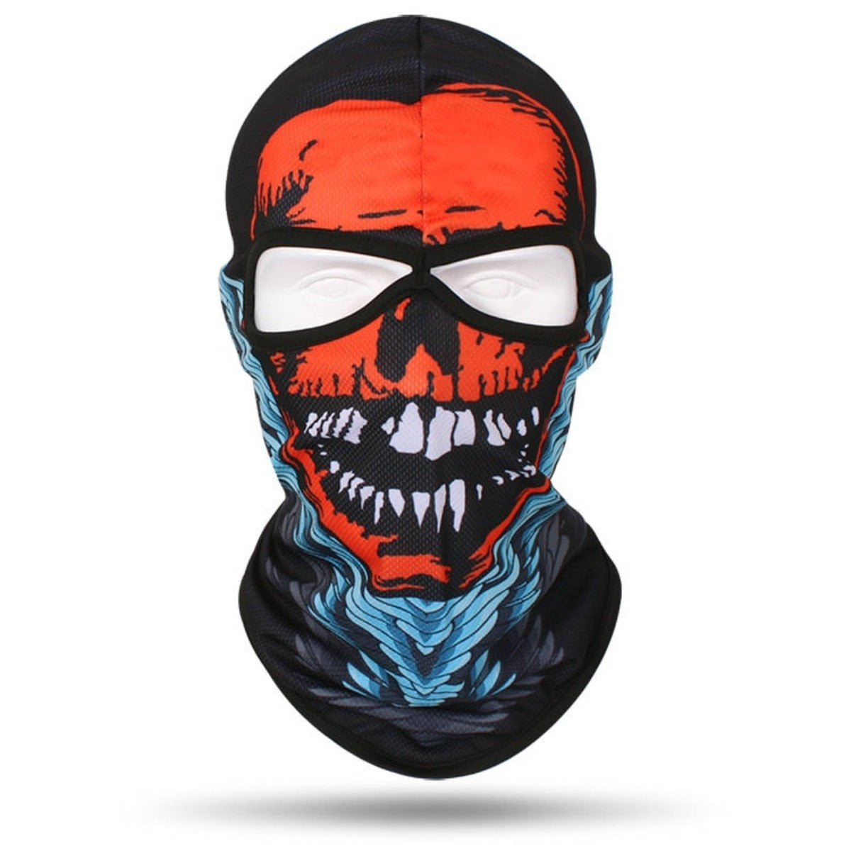 A Skull Balaclava Full Face Mask featuring a striking red, blue, and white skull design covering the face. Ideal for skiing, snowboarding, or motorcycle rides.