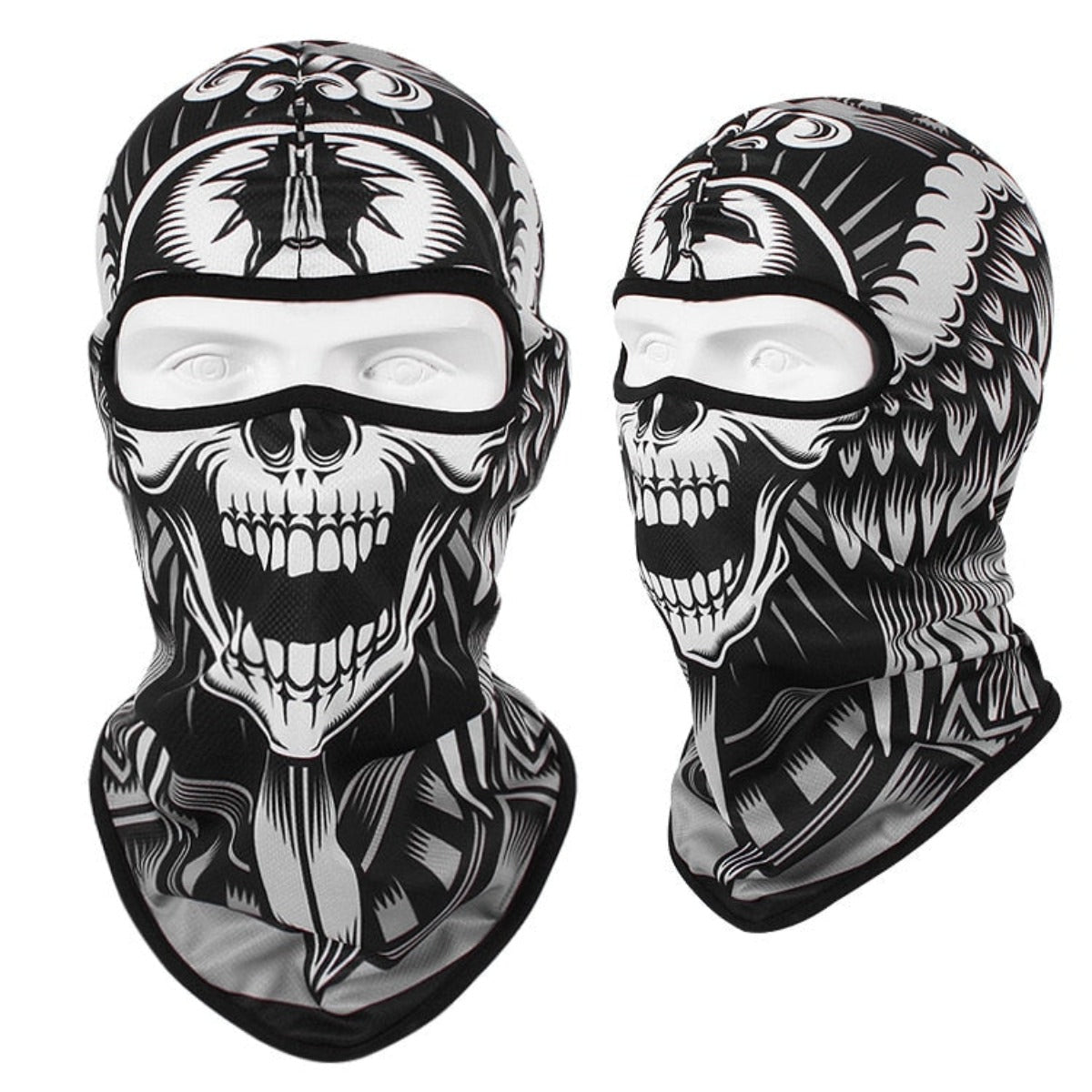 Two Skull Balaclava Full Face Masks featuring a detailed skull design with intricate patterns, perfect for skiing, snowboarding, or motorcycle adventures.