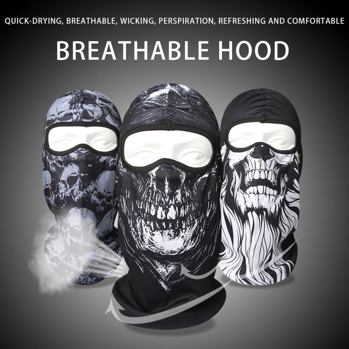 Three mannequins wearing full-face, breathable hoods with skull and abstract designs highlight the quick-drying and moisture-wicking features, perfect for skiing, snowboarding, or riding a motorcycle with a stylish Skull Balaclava Full Face Mask.
