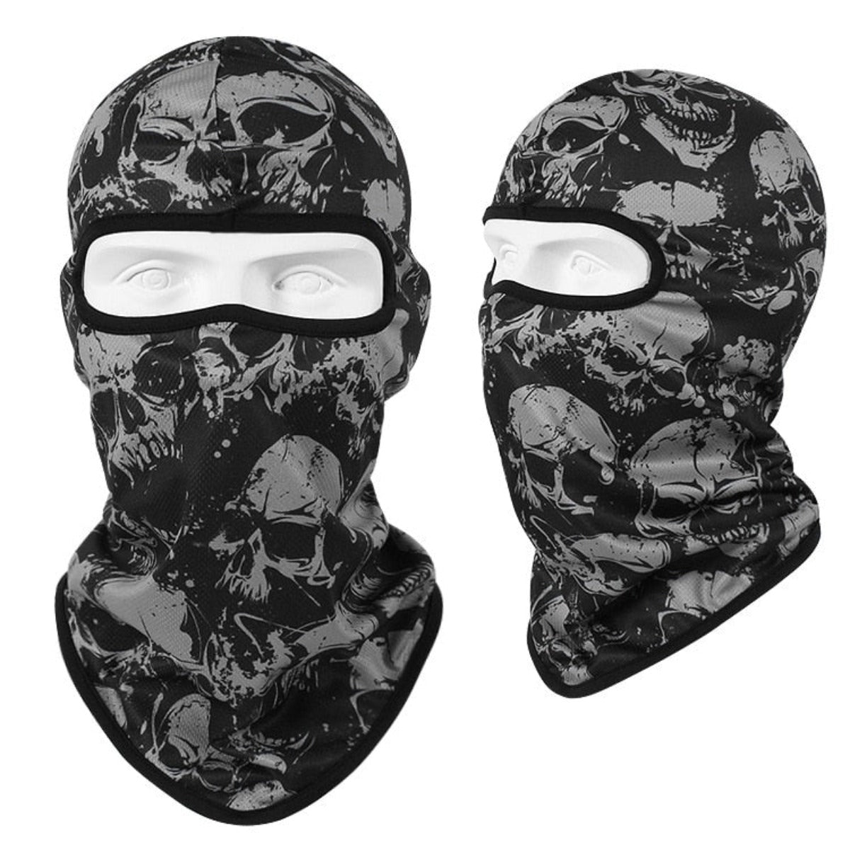 Two Skull Balaclava Full Face Masks with a black and grey pattern, featuring an eye opening, are displayed on head mannequins against a white background. Perfect for skiing, snowboarding, or motorcycle rides, these full face masks offer both style and warmth.