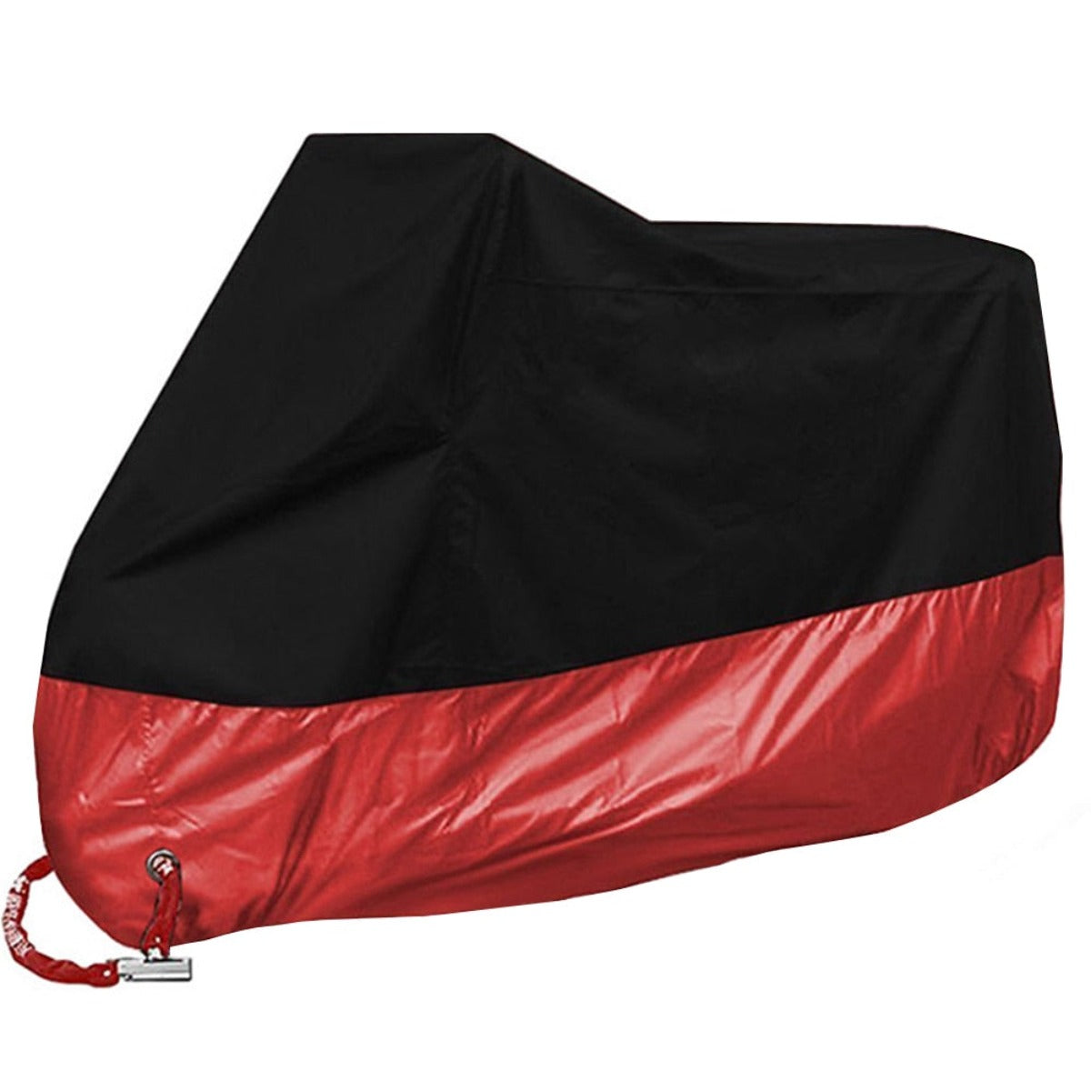 A black and red Waterproof Protective Motorcycle Cover protecting a motorcycle from weather damage on a white background.