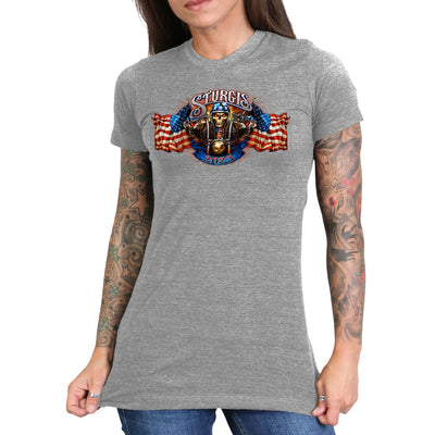 Hot Leathers 2023 Sturgis # 1 American Lady Double Sided Ladies T-Shirt, Gray