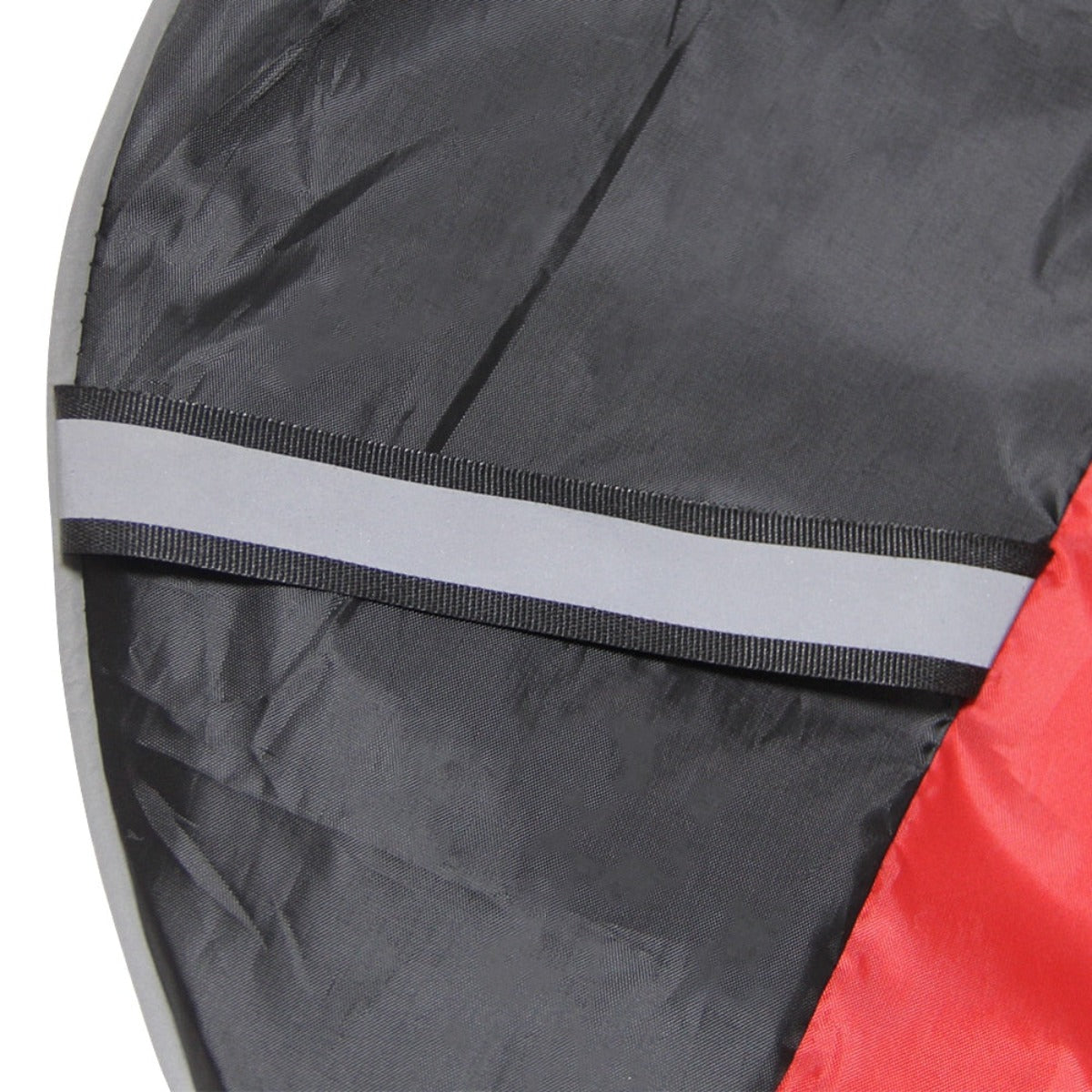 A black and red Waterproof Protective Motorcycle Cover with a red and black stripe, designed to protect your motorbike from weather damage.
