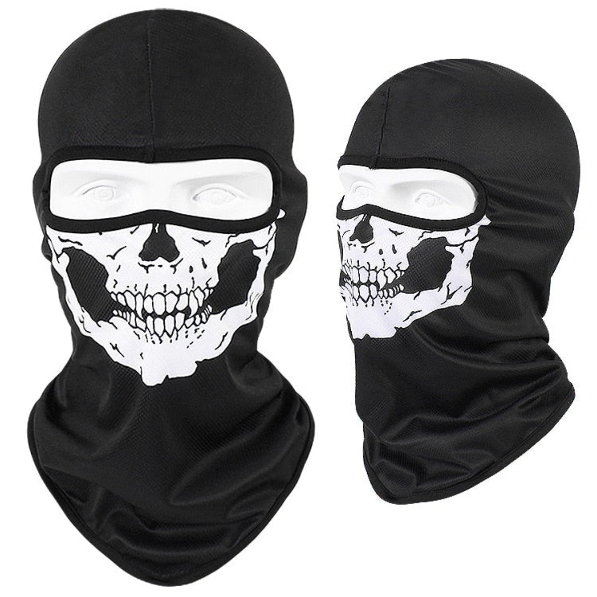 Two black Skull Balaclava Full Face Masks with white skull face designs are displayed; one shows the front view, and the other the side view. Perfect for skiing, snowboarding, or motorcycle adventures.
