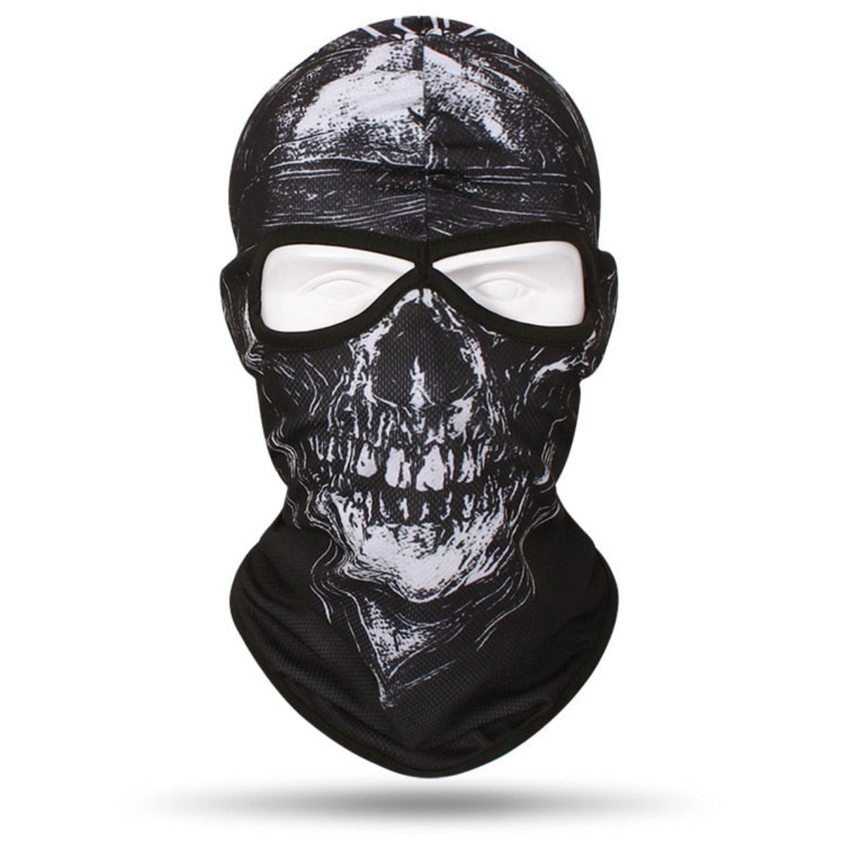 A Skull Balaclava Full Face Mask covers the entire head and neck, with white eye openings and goggles—perfect for skiing, snowboarding, or motorcycle adventures.