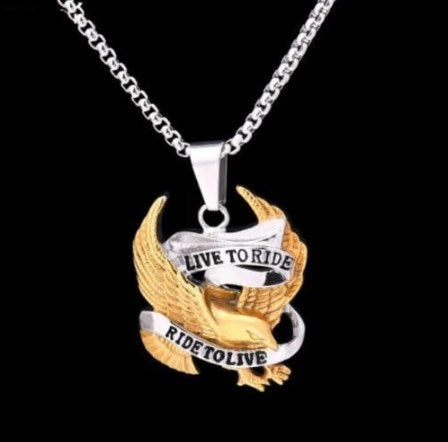 A Live to Ride Necklace + Free Live to Ride Bracelet Bundle, with banners reading "Live to Ride" and "Ride to Live," epitomizes classic biker jewelry.