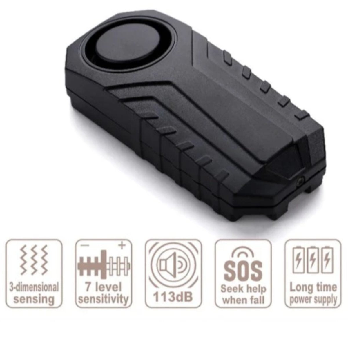 A black Motorcycle Waterproof 113dB Wireless Anti-Theft Remote Alarm with a number of buttons on it that functions as a security system.