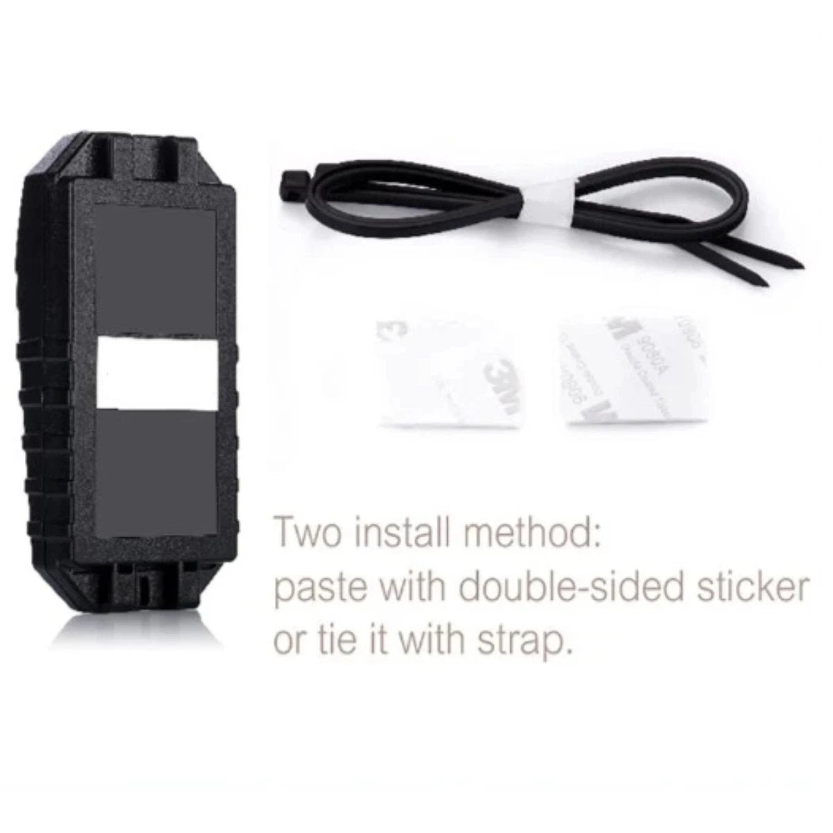 Two Motorcycle Waterproof 113dB Wireless Anti-Theft Remote Alarm installation methods utilizing double sided sticker.