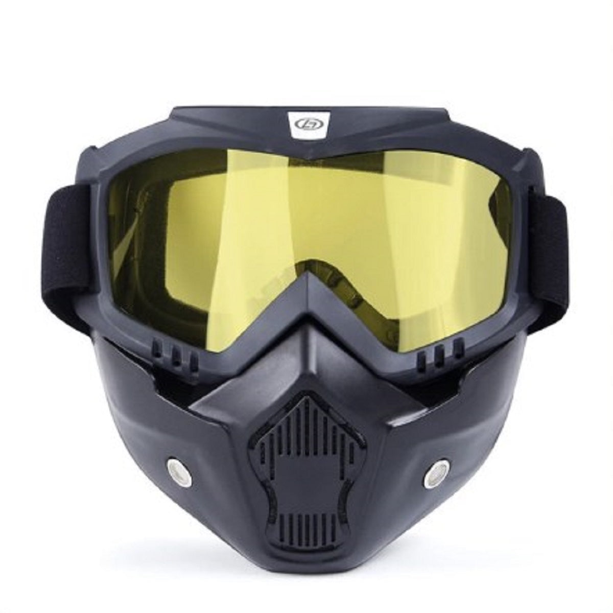 Black Motorcycle Goggles Mask featuring a TPEE/Polycarbonate frame with yellow-tinted lenses, ideal for outdoor sports or activities. These goggles offer UV protection and an antifog feature to ensure clear vision in various conditions.