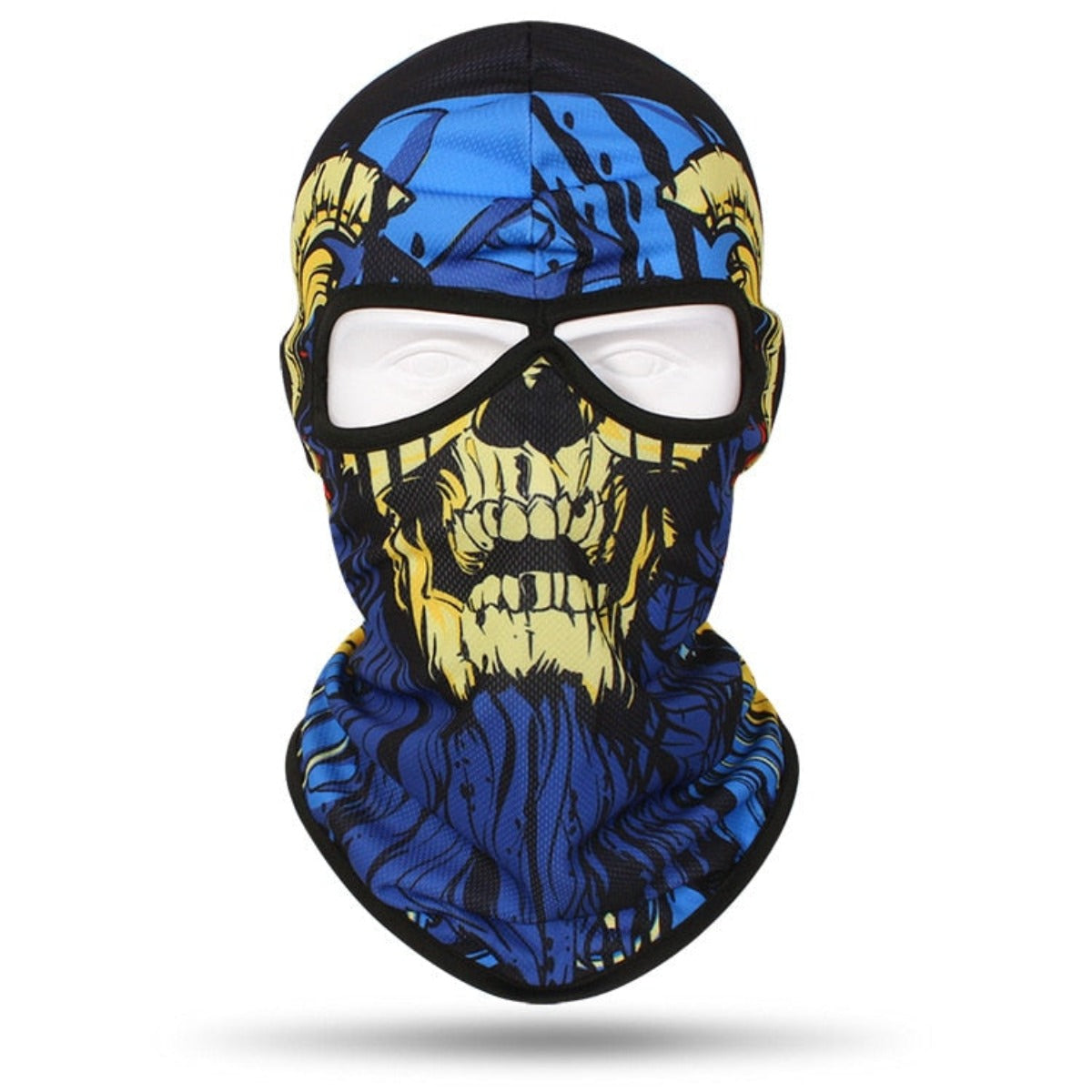 A multicolored Skull Balaclava Full Face Mask with a blue, yellow, and black skull design featuring integrated goggles—perfect for skiing, snowboarding, or motorcycle adventures.
