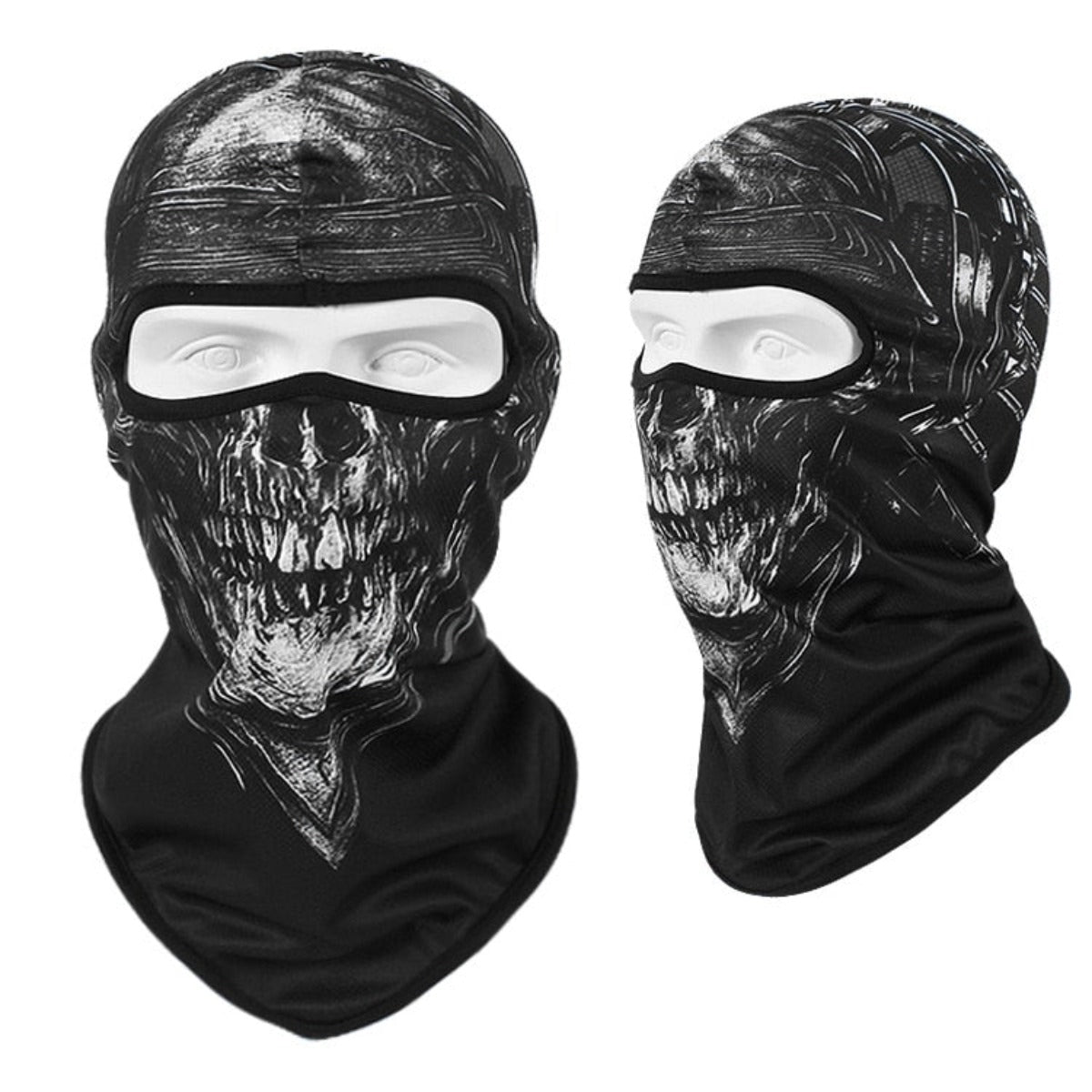 Two Skull Balaclava Full Face Masks with skeleton designs, featuring eye openings, fitted over white mannequin heads—perfect for skiing, snowboarding, or motorcycle rides.