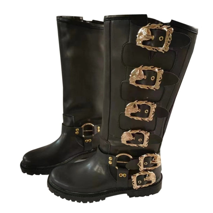 Men's Calf High Motorcycle Riding Boots with Skull Buckles