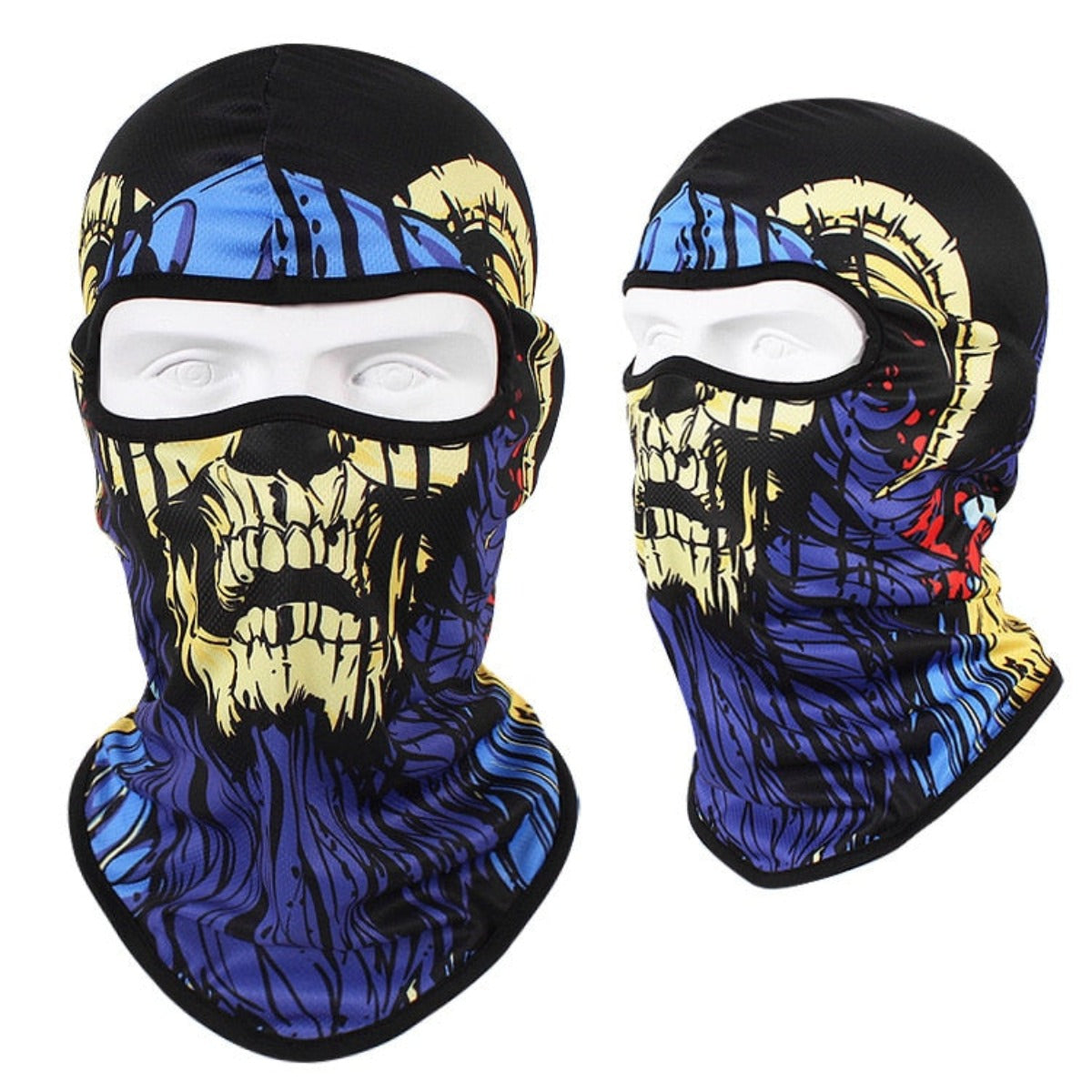 Two Skull Balaclava Full Face Masks with colorful, intricate designs resembling a fierce face and horns are shown. Perfect for skiing, snowboarding, or motorcycle adventures, these full face masks cover most of the head while leaving only the eye area open.