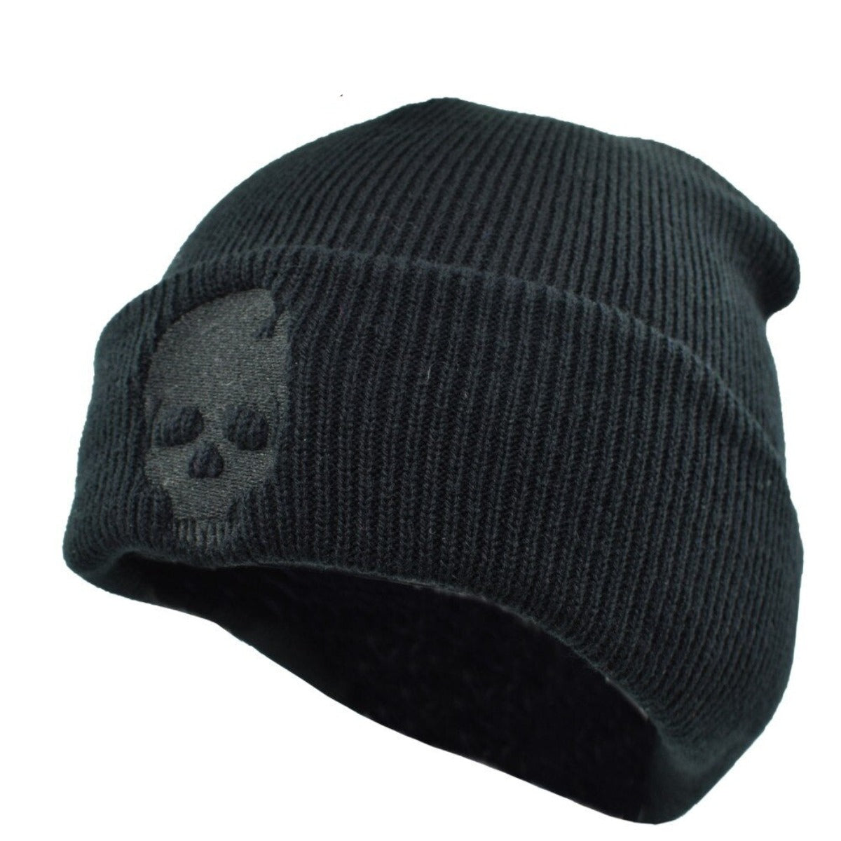 Winter Beanie w/ Embroidered Skull Design: A winter beanie with an embroidered skull design.