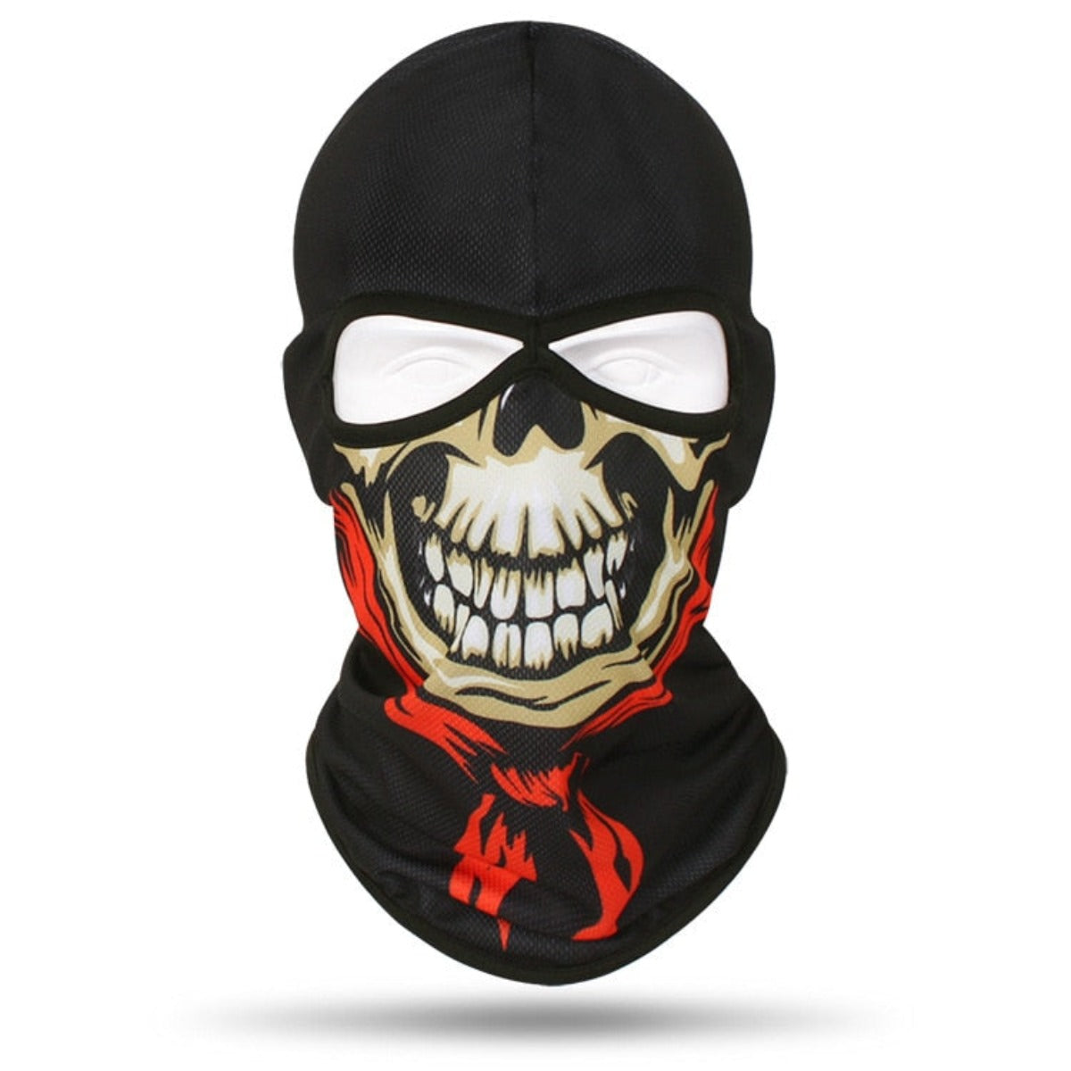 A black Skull Balaclava Full Face Mask featuring a grinning skull with red highlights around the mouth area, perfect as a full face mask for skiing, snowboarding, or motorcycle rides.