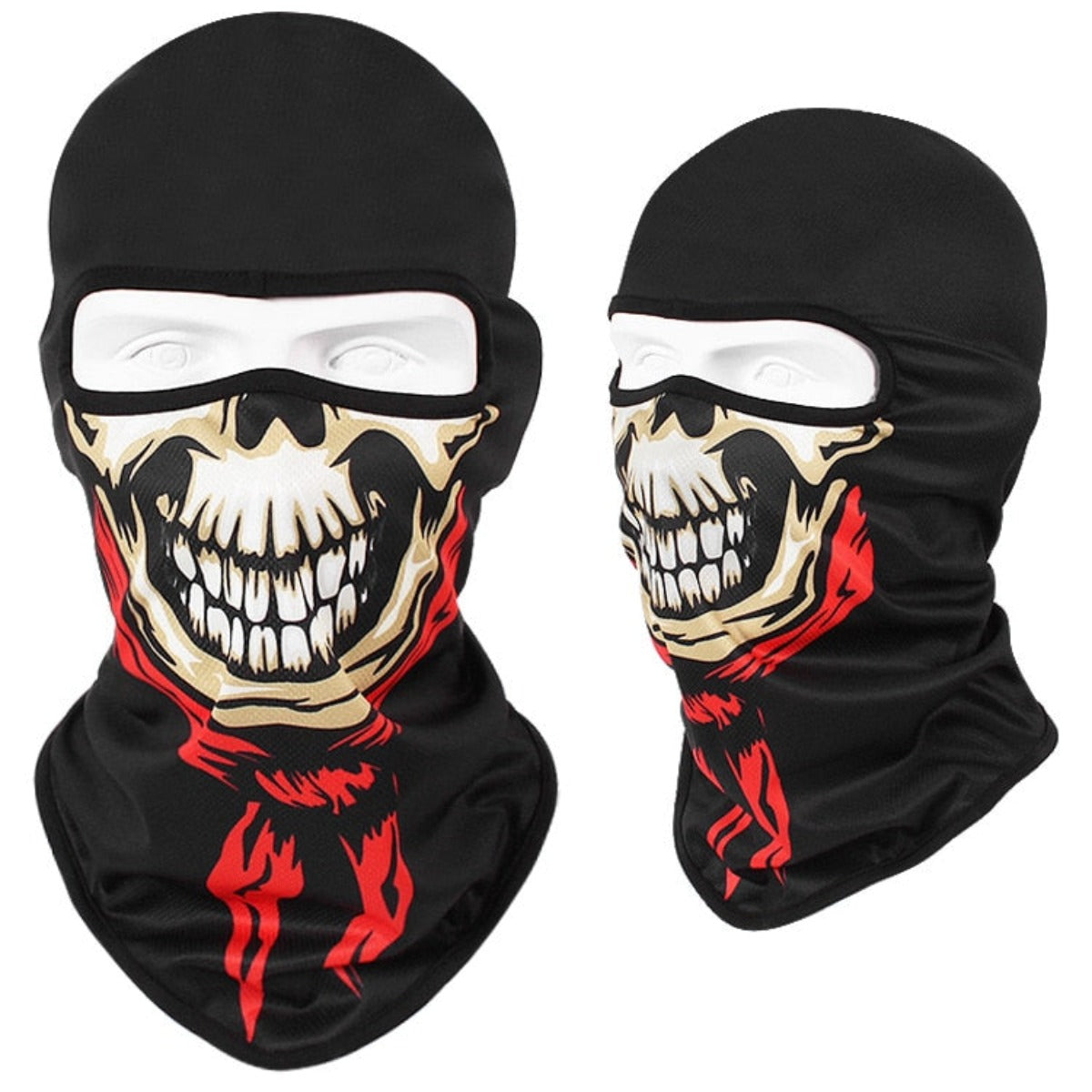 Two black Skull Balaclava Full Face Masks with grinning skeletal faces and red accents around the neck area are shown from different angles. These full face masks are perfect for skiing, snowboarding, or motorcycle rides.