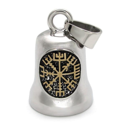 Silver bell with a black and gold Stainless Steel Viking Compass Gremlin Bell, also known as a Guardian Bell.