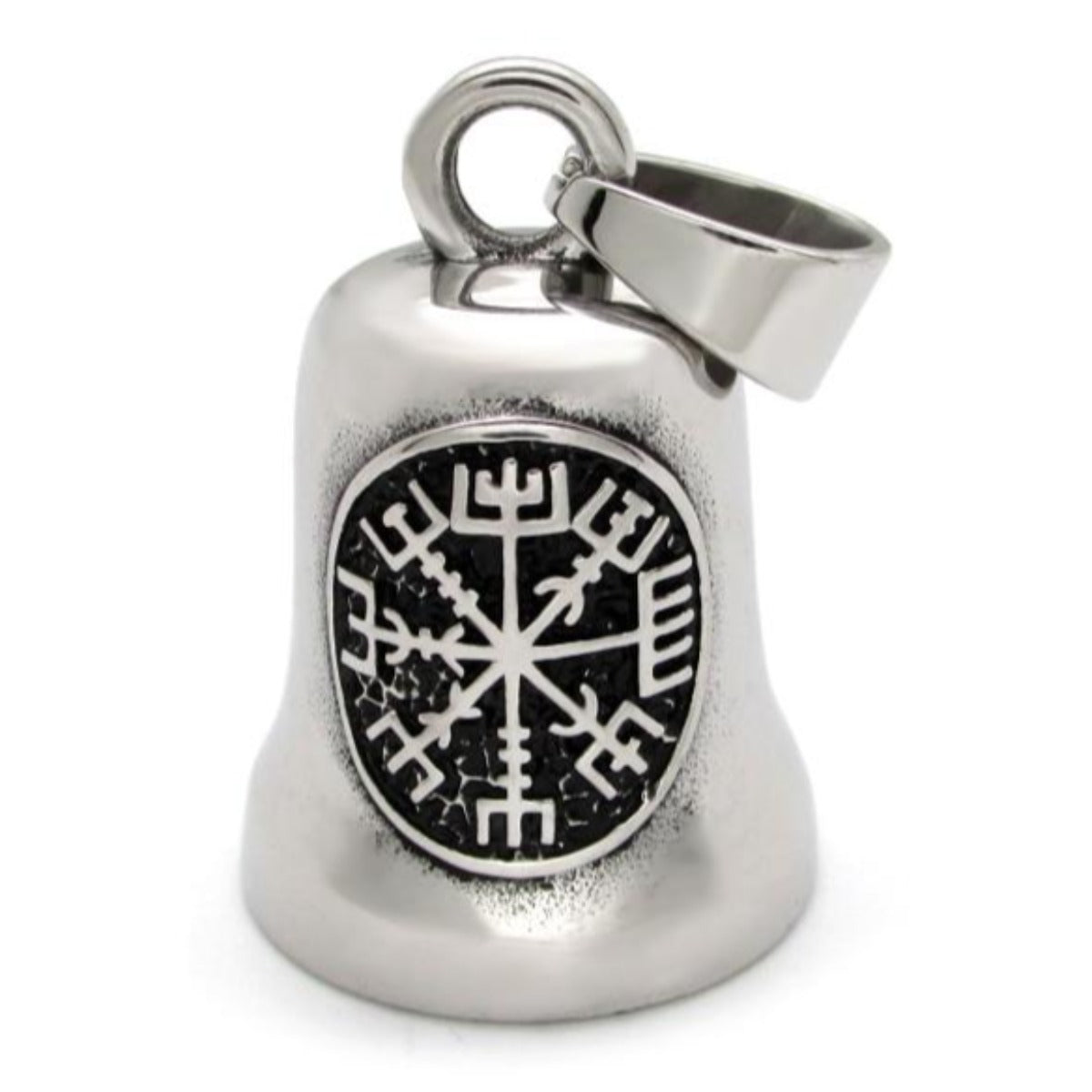 A Stainless Steel Viking Compass Gremlin Bell with a black emblem design on the front.