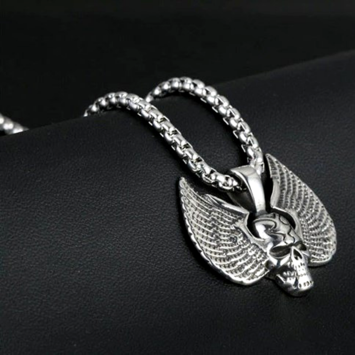 Stainless Steel Winged Skull Pendant Necklace, Silver Color - American Legend Rider