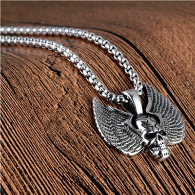 Stainless Steel Winged Skull Pendant Necklace, Silver Color - American Legend Rider