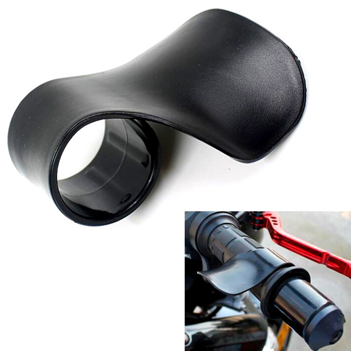 A comfortable black Universal Motorcycle Throttle Cruise Control with a red handlebar, perfect for long-distance rides. It features throttle cruise assist control for added convenience.