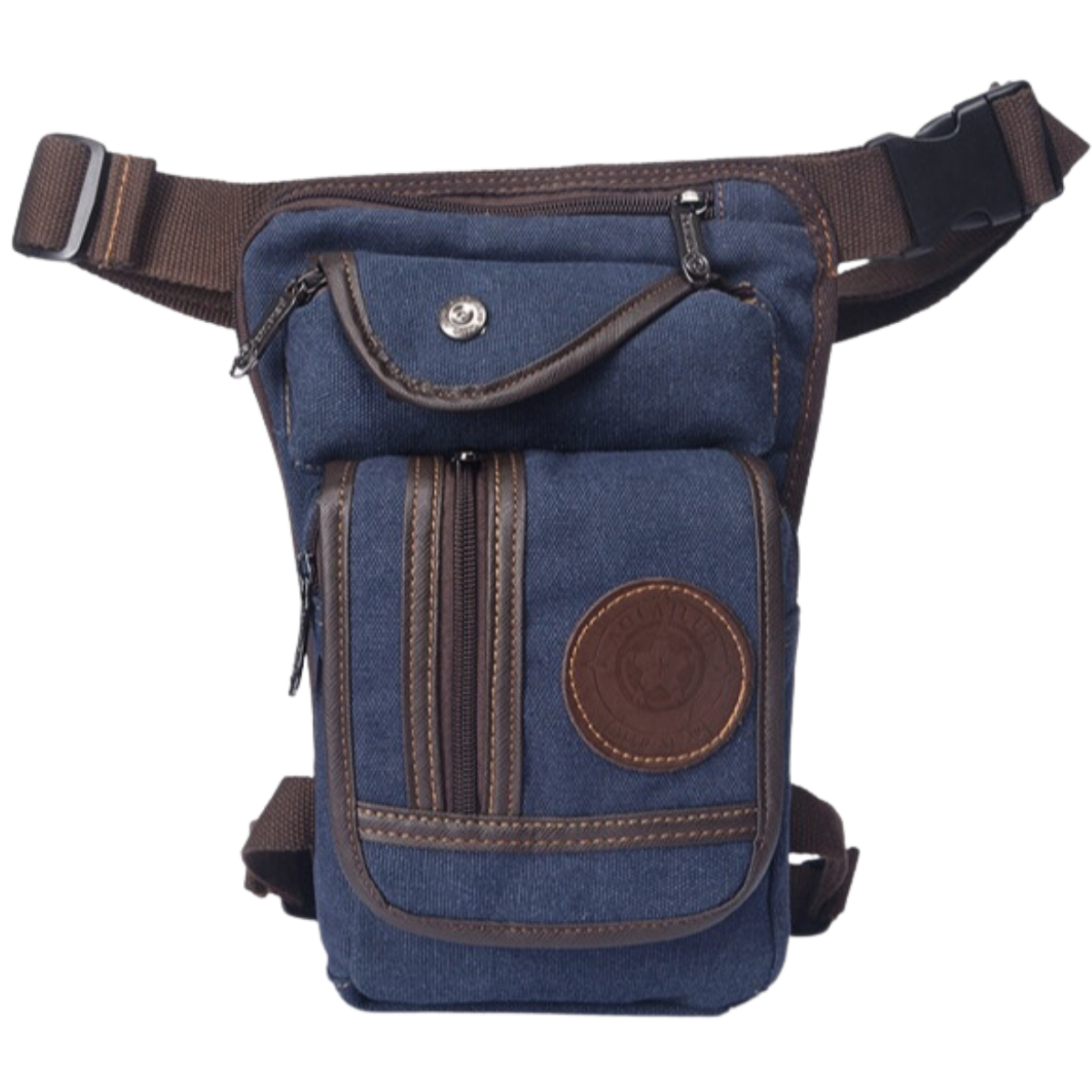 A Badass Motorcycle Leg Bag for bikers with a blue color and brown zipper to organize important items.