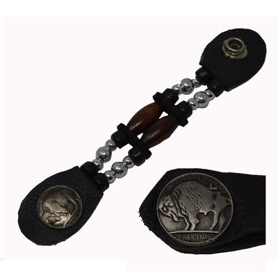 This Vance Leather Brown Bead Buffalo Nickel Vest Extender features a buffalo and a coin, adorned with a brown bead.