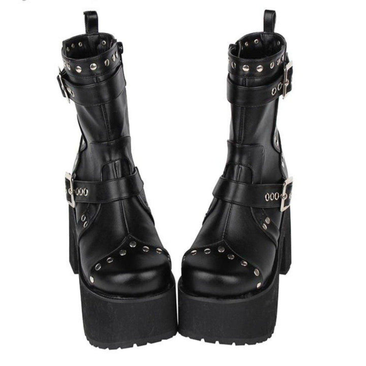 Women's Buckle Straps Studded High Heel Boots