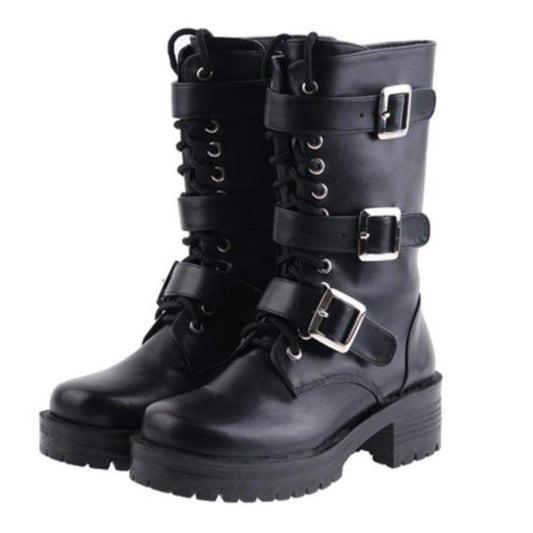 Women's Punk Lace-Up Buckle Straps Mid-Calf Boots - American Legend Rider