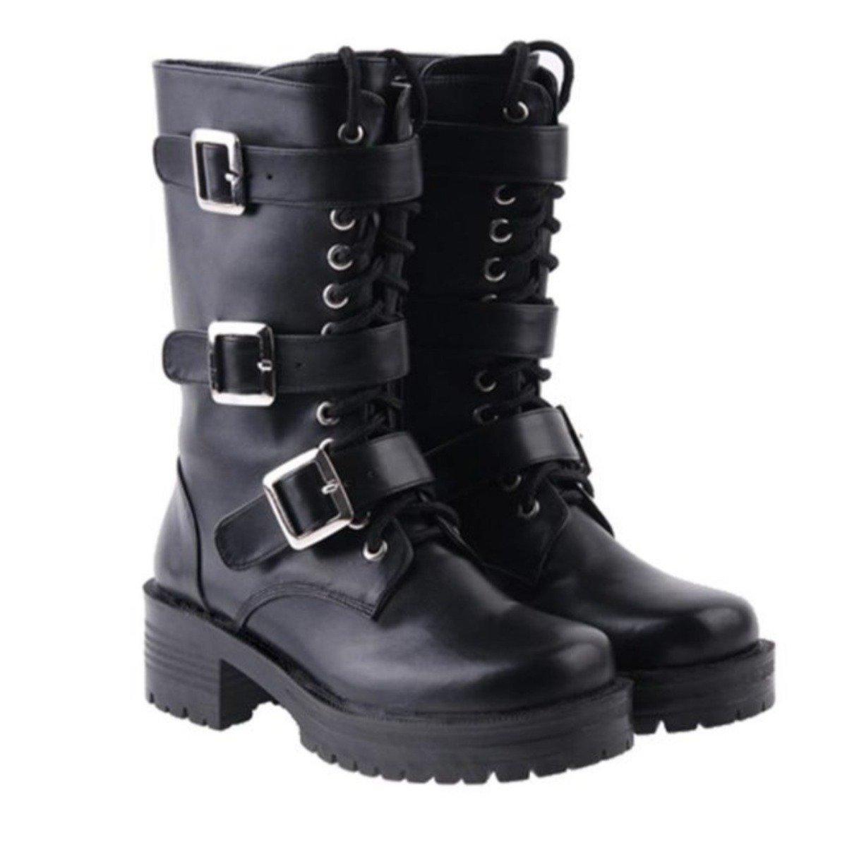 Women's Punk Lace-Up Buckle Straps Mid-Calf Boots - American Legend Rider