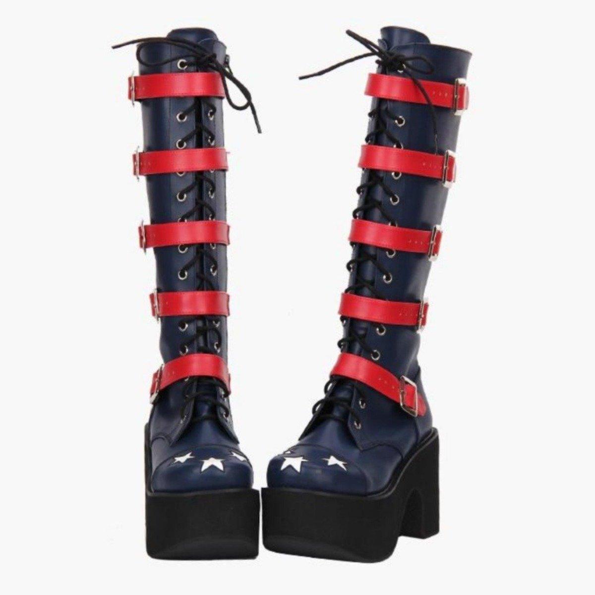 Women's High Heel Buckle Straps Boots with Stars - American Legend Rider