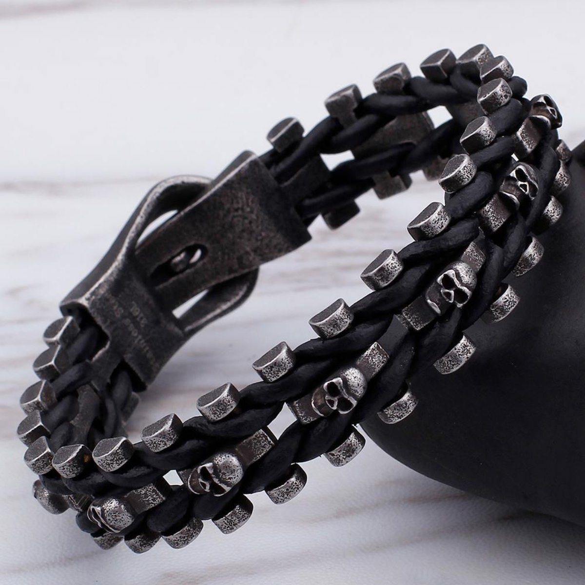 Skull Braided Leather Bracelet - American Legend Rider