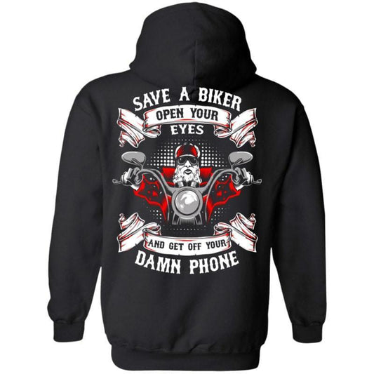 The Save A Biker Open Your Eyes And Get Off Your Damn Phone Hoodie, made from a soft cotton/polyester blend in black, showcases a vibrant digital print on the back depicting a skeleton riding a motorcycle along with the text, "Save a Biker, Open Your Eyes and Get Off Your Damn Phone.